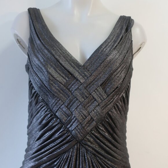 Women Tadashi Collection Gunmetal Shimmer Ruched V-Neck Sleeveless Gown Dress L - Picture 6 of 16